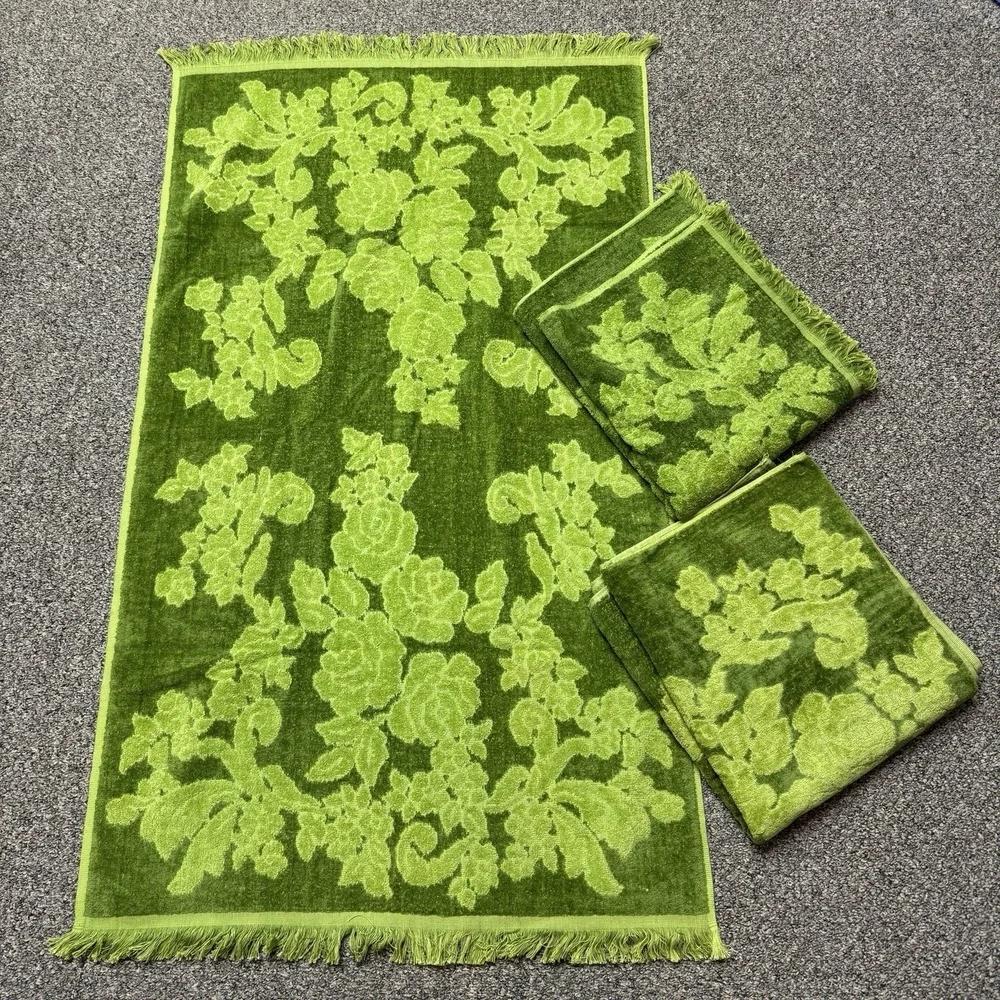3 Vintage Bath Towel Two Tone Green Floral Cannon Monticello Cotton Fringe 70s